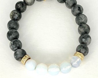 Beaded Dumortierite Bracelet  Sea Opal Bracelet Quartz Charm Bracelet Stretch Bracelet Healing Bracelet Denim Blue Beads