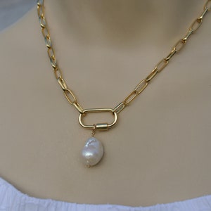 Baroque Pearl Necklace: Gold Filled Paperclip Chain, Carabiner Clasp