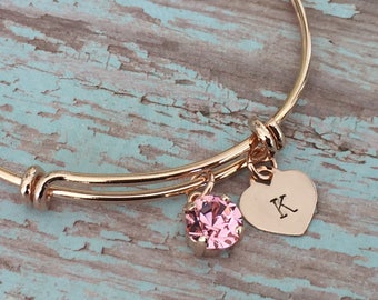 Rose gold bracelet / Swarovski crystal / Bridesmaid gift / Rose Gold Jewelry / Custom Initial Charm / birthstone / Bridal / Mother's Day