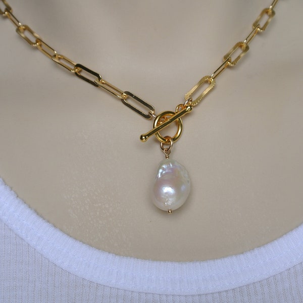 Collar de perlas barrocas / collar de cadena de clip de papel / collar de perlas / collar de oro grueso / collar de perlas de oro grueso / cadena de oro vermeil