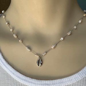 Cowrie Shell necklace / heishi shell beads / pearls /  puka shell necklace / minimalist necklace / sterling silver necklace