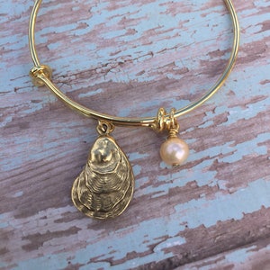 Oyster shell bracelet // pearl bracelet // Adjustable bangle bracelet // oyster shell charm