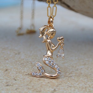 Mermaid necklace / gold filled mermaid charm / Micro Pave CZ Mermaid / 16&quot; gold mermaid necklace / mermaid jewelry / gold mermaid necklace