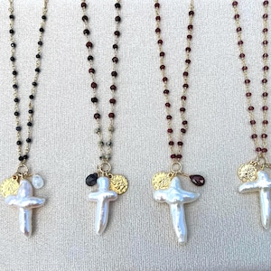 Freshwater Pearl Cross Necklace: Gold Filled Amethyst Gemstone Rosary Chain