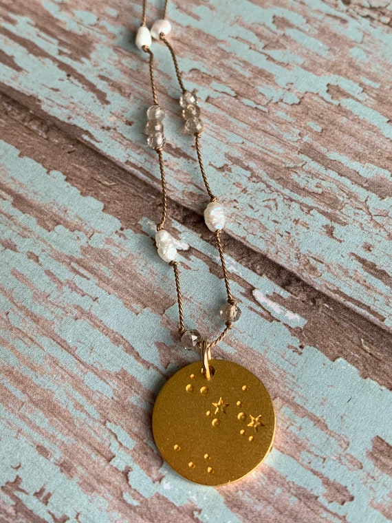Sagittarius Constellation Necklace: Gold Filled Charm, Topaz & Pearl