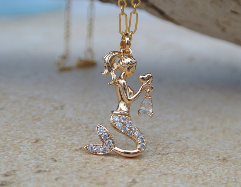 Mermaid Necklace / Gold Filled Mermaid Charm / Micro Pave CZ Etsy