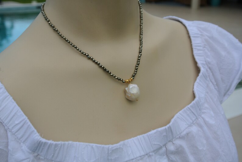 Baroque pearl drop with Pyrite Necklace