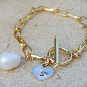Chunky chain bracelet / pearl bracelet / initial bracelet / personalized bracelet / paperclip chain bracelet / bridesmaid gift  gift for mom