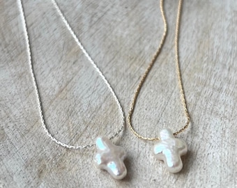 Freshwater Pearl Cross Necklace: Gold Filled or Sterling Silver Chain