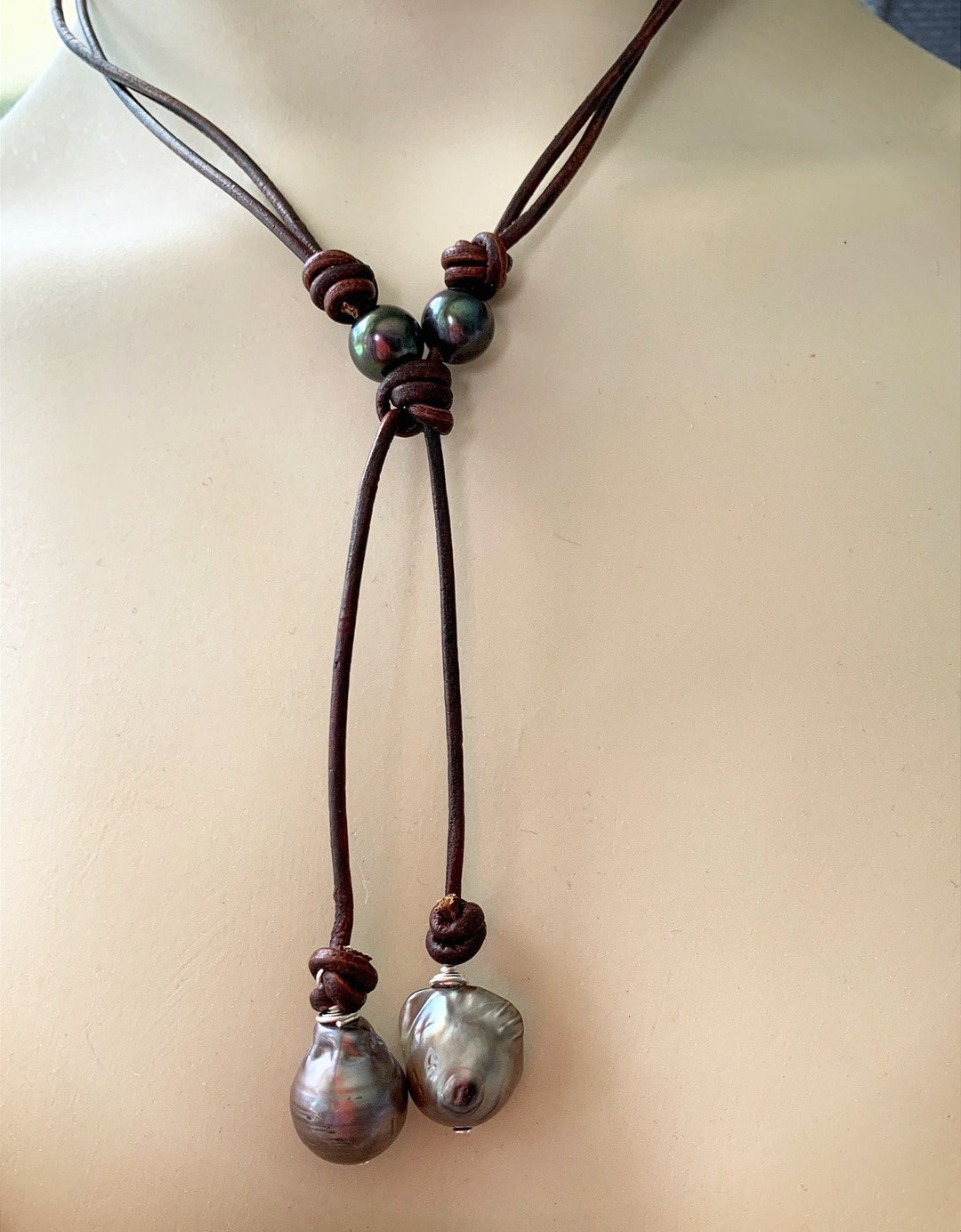 Baroque Pearl Necklace / Leather Necklace / Leather Cord / - Etsy