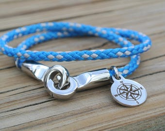 Nautical Rope Bracelet: Stainless Steel Brummel Hook, Compass Charm