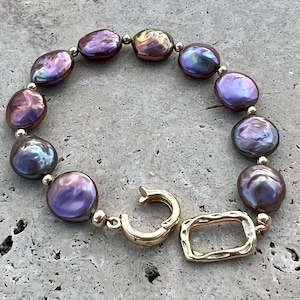 Pearl bracelet  freshwater pearl bracelet  pearl coin bracelet  freshwater pearl jewelry  gold filled bracelet gift for her  peacock pearls