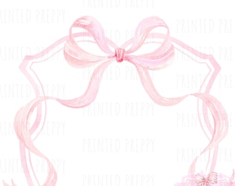 Preppy Pink Bow Crest PNG // Preppy Grandmillennial Clipart // Preppy Shower Invitation Clip Art // Preppy Print // Pink Watercolor Crest
