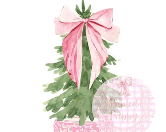 Chinoiserie Christmas Tree with Simple Pink Bow PNG //Pink Christmas PNG // Digital Download Chinoiserie Christmas // Grandmillennial
