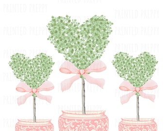 Trío de topiarios de corazón chinoiserie con lazo rosa PNG (descarga digital) / Corazón con lazo rosa para boda / Corazón de acuarela grandmillenial