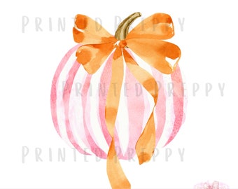 Preppy Pumpkin with Bow PNG // Pink Coquette Pumpkin PNG // Watercolor Pink Pumpkin Clipart // Grandmillenial Pumpkin / Preppy Fall PNG