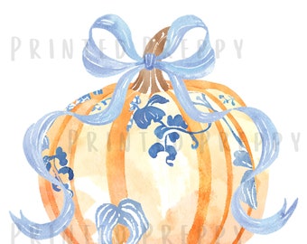 Chinoiserie Pumpkin with Bow PNG // Preppy Fall // Preppy Pumpkin // Chinoiserie Fall // Grandmillenial Pumpkin / Fall PNG / Blue and White
