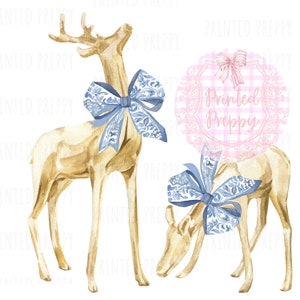 Rendier met chinoiseriestrikken, png-bestand // strik blauwe kerst-png // digitale download chinoiserie-kerst // preppy rendier // grandmillennial
