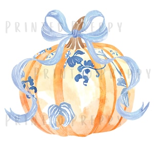 Chinoiserie Kürbis mit Schleife PNG // Preppy Fall // Preppy Kürbis // Chinoiserie Fall // Grandmillenial Kürbis / Herbst PNG / Blau und Weiß