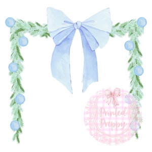 Grandmillennial Christmas Garland with Blue Bow PNG // Blue Christmas PNG // Digital Download Christmas / Southern Christmas