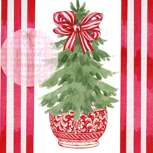 Chinoiserie-kerstboom met rode gestreepte strik, png PNGEgg // Kerst-png // Digitale download chinoiserie kerst