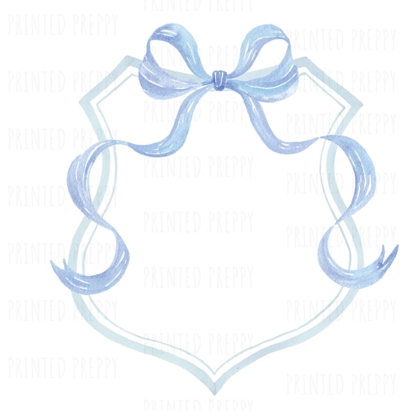 Preppy Blue Bow Crest PNG // Preppy Grandmillennial Clipart // Preppy Shower Invitation Clip Art // Preppy Print // Blue Watercolor Crest