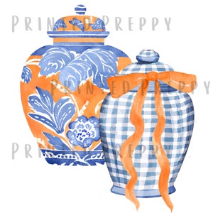 Chinoiserie blauwe en oranje gemberpotten png//digitale download chinoiserie//preppy gemberpot-illustraties//herfstchinoiserie/herfst, png