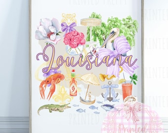 PNG y JPG de Luisiana preppy / Mapa de acuarela de Luisiana preppy / Gráfico digital de viaje de chica preppy de Luisiana / Carnaval de Magnolia del Sur