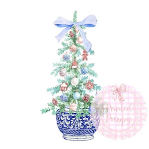 Chinoiserie-kerstboom met blauwe strik PNG / Blue Christmas / Chinoiserie Christmas /Grandmillennial Clip Art / Southern Christmas