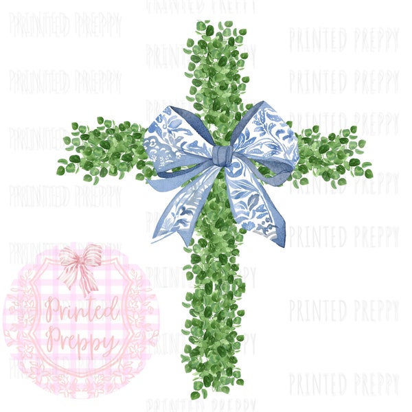 Watercolor Boxwood Cross PNG // Chinoiserie Clip Art// Grandmillennial // Preppy Easter // Baptism // Easter Sunday Church Decor