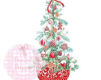 Chinoiserie Christmas Tree with Red Bow PNG // Gingerbread Ornaments Christmas Tree PNG // Digital Download Chinoiserie Christmas