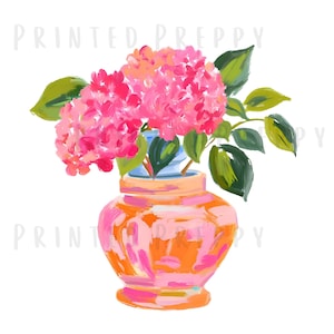 Felroze hortensia's met oranje PNG - Grandmillenial Digital Art - Instant Download//Preppy clipart//Zuidelijke charme//zomer png