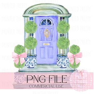 Chinoiserie Topiaries Blue Door PNG  // Blue and White Decor // Housewarming // Grandmillennial /Preppy House/ Watercolor Topiary