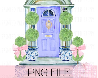 Chinoiserie Topiaries Blue Door PNG  // Blue and White Decor // Housewarming // Grandmillennial /Preppy House/ Watercolor Topiary
