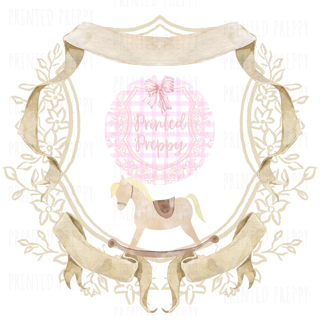 Preppy Rocking Horse Baby Crest PNG // Grandmillennial Nursery