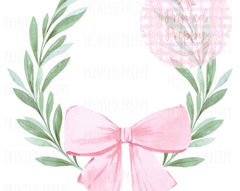Grandmillennial Floral Crest Single Pink Bow PNG // Pink Bow Floral PNG