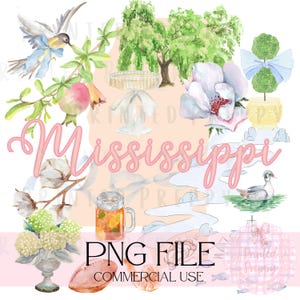 Mississippi Preppy PNG und JPG / Preppy Mississippi Wasserfarben Karte / Digitale Mississippi Preppy Girl Trip Grafik / Südliche Magnolie