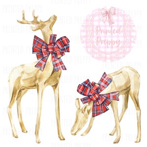Renna con fiocchi tartan PNG // Natale tradizionale preppy PNG // Download digitale Natale // renna preppy // Biglietto di Natale PNG