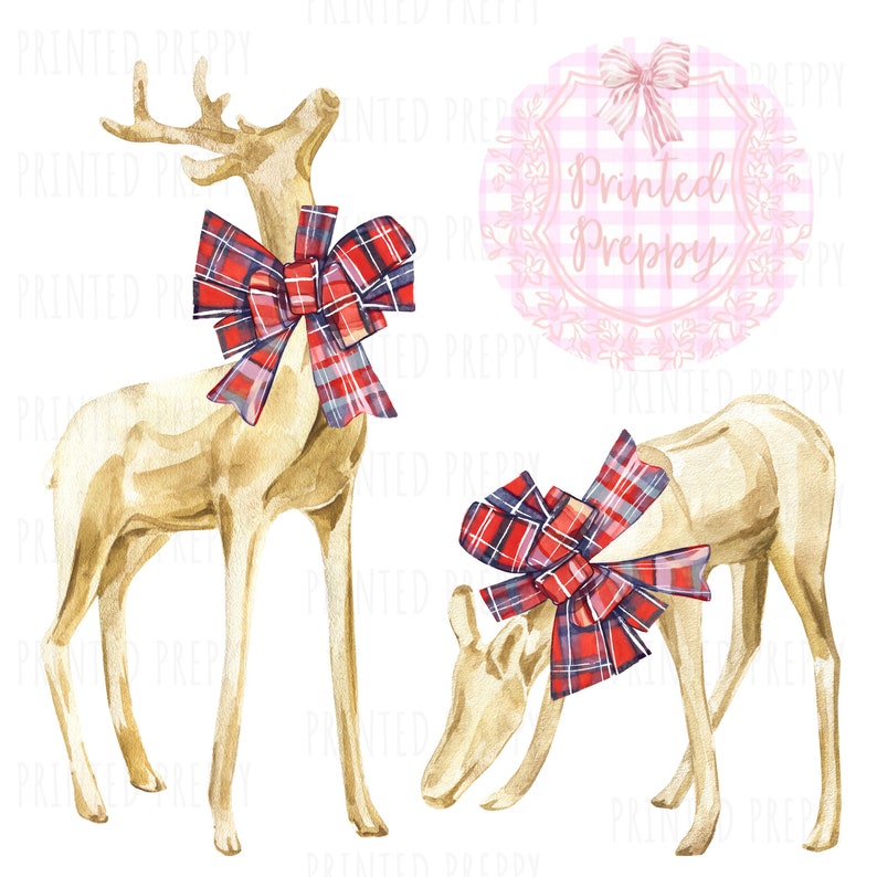 Reindeer with Tartan Bows PNG // Preppy Traditional Christmas PNG // Digital Download Christmas // preppy reindeer // Christmas Card PNG