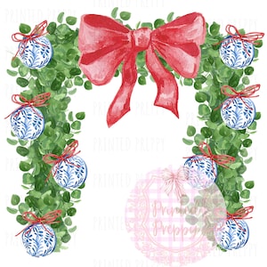 Chinoiserie kerstslinger swag met rode strik PNG//blauw en wit PNG//digitale download chinoiserie preppy kerst