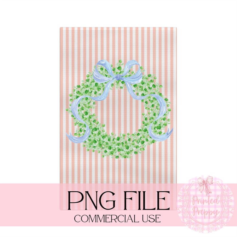 Corona de lazo azul Grandmillennial PNG // Clipart preppy Grandmillennial // Clip art de invitación de baby shower preppy // Corona de boj con lazo imagen 6