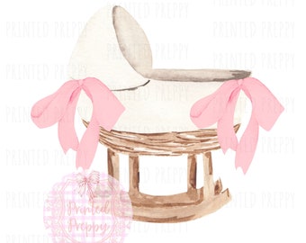 Grandmillenial Baby Bassinet Watercolor with Pink Bows Clipart: Preppy Nursery Decor for Baby Shower Invitations / Baby Announcements