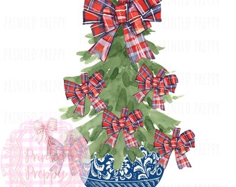 Chinoiserie Christmas Tree with Tartan Bows PNG // Tartan Bow Christmas Blue and Red PNG // Digital Download Chinoiserie Christmas