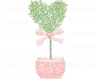 Topiario de corazón chinoiserie PNG con lazo rosa (descarga digital) / Boda rosa PNG / Grandmillennial