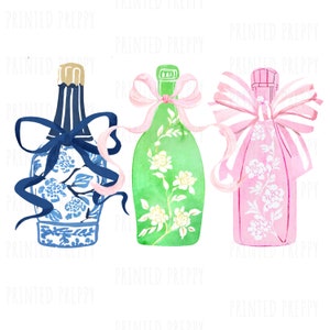 Preppy Chinoiserie Champagne Clip Art PNG/ Elegant Bar Cart Art / Coquette / Blue and White Decor / Grandmillennial / Champagne Bottle