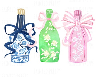 Preppy Chinoiserie Champagne Clip Art PNG/ Elegant Bar Cart Art / Coquette / Blue and White Decor / Grandmillennial / Champagne Bottle