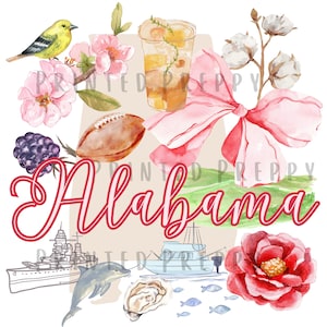 Alabama Preppy PNG und JPG / Preppy Alabama Aquarell Karte / Digitale Alabama Preppy Girl Trip Grafik / Südländischer Charme