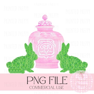 Pot de gingembre de Pâques preppy / Chinoiseries avec lapins en buis // Pâques preppy PNG // Grand millénaire // Décoration du Sud