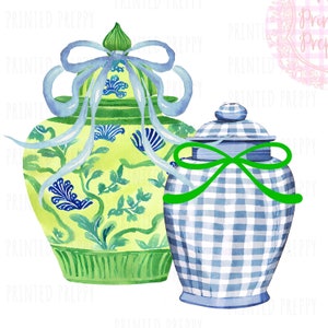 Tarros de jengibre con cuadros verdes y azules de estilo chinoiserie PNG // Descarga digital // Clip art de tarro de jengibre de estilo preppy