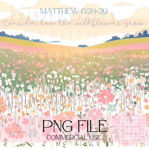 May include: A digital illustration of a field of pink, white, and yellow wildflowers with a blue sky and white clouds in the background. The text "MATTHEW 6:28-29 Consider how the wildflowers grow" is at the top of the image.